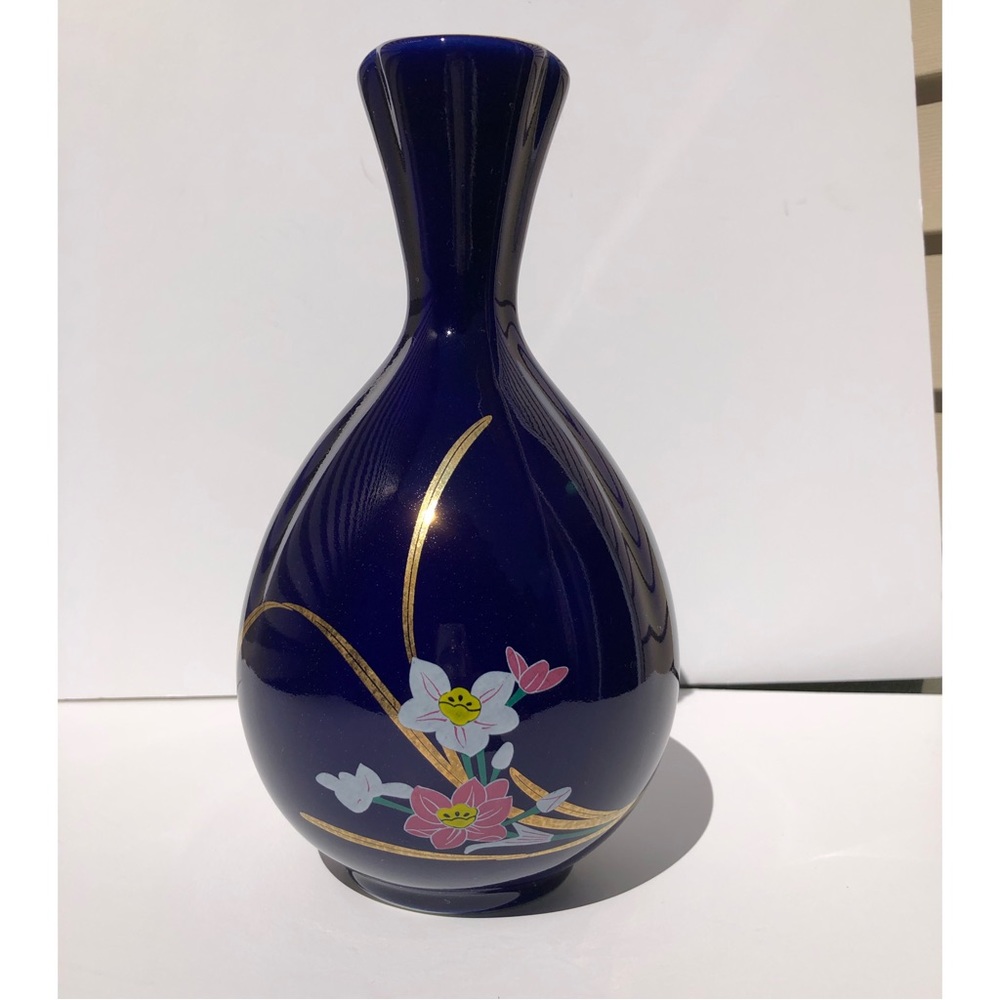 Flowered Vase Vintage Japanese Oriental Porcelanite Blue Cobalt Color 10".cj8 - Picture 1 of 5